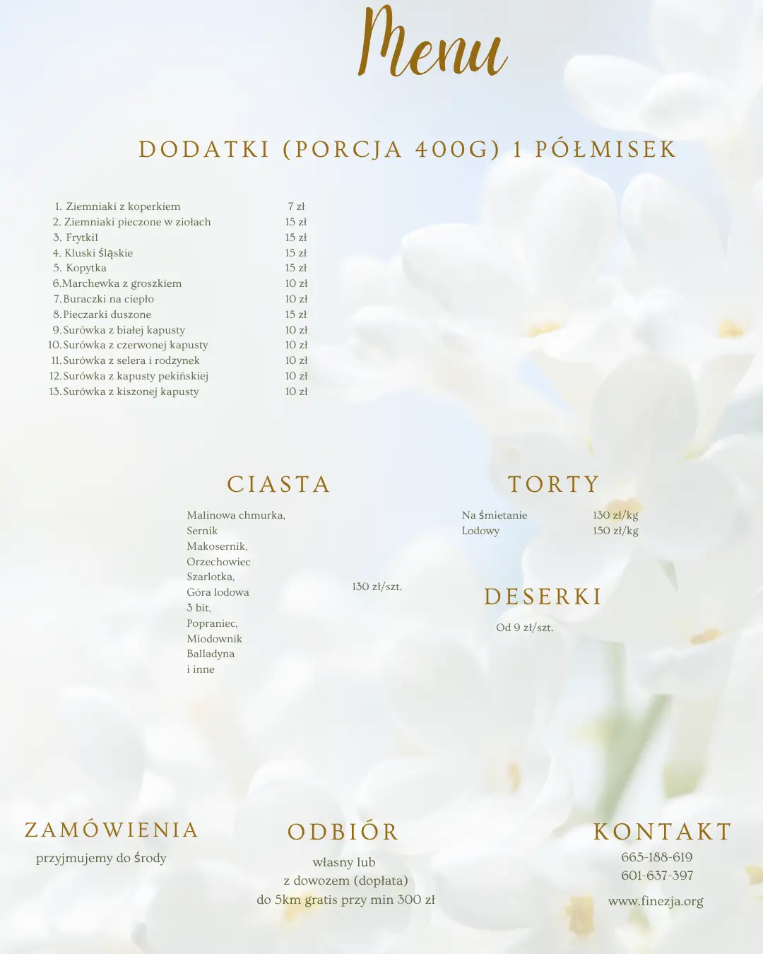 Menu cateringowe Finezji – ceny dań: zupy, mięsa, przekąski i sałatki. Catering z dowozem w Turku i okolicach