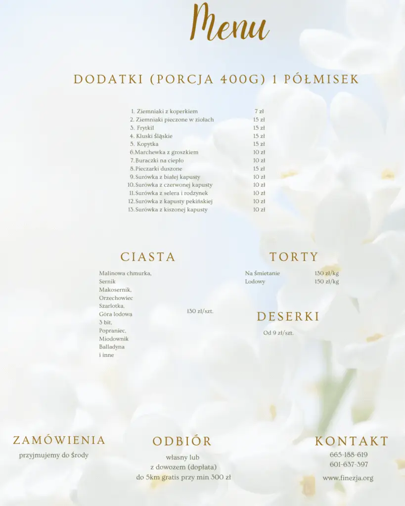 Menu cateringowe Finezji – dodatki na półmiski, ciasta, torty i deserki z cenami. Catering z dowozem w Turku i okolicach