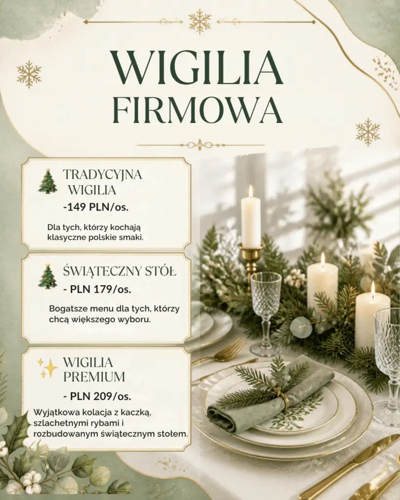 Wigilia firmowa 2026 w Tureku – trzy menu świąteczne