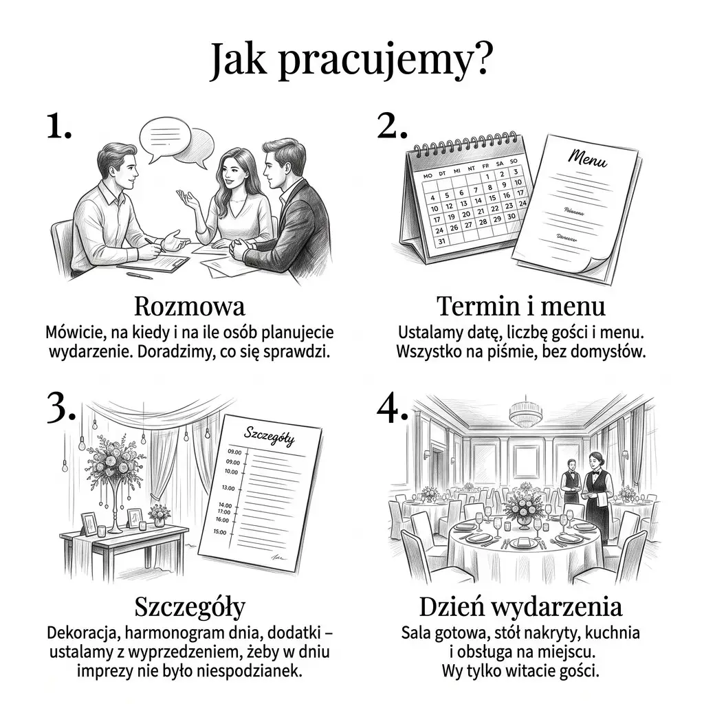 Infografika „Jak pracujemy”: 1. Rozmowa o szczegółach wydarzenia; 2. Ustalenie terminu, liczby gości i menu na piśmie; 3. Potwierdzenie dekoracji i harmonogramu dnia; 4. Dzień wydarzenia – sala gotowa, goście tylko do przywitania